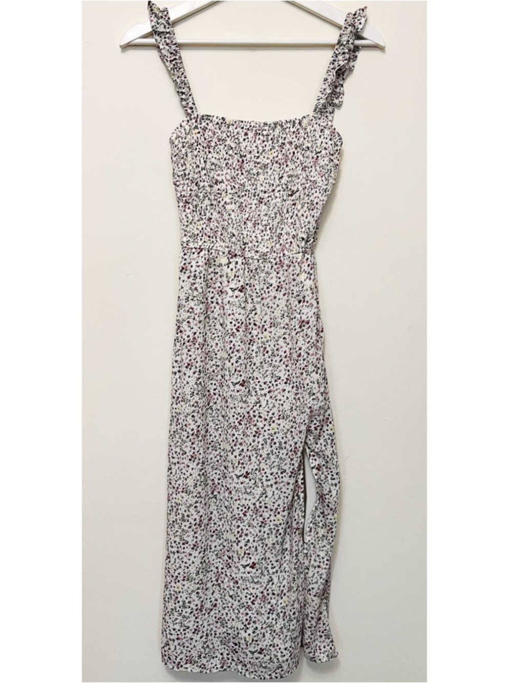 A&F • S • Smocked Bodice Ruffle Strap Front Slit Floral Print Midi Dress